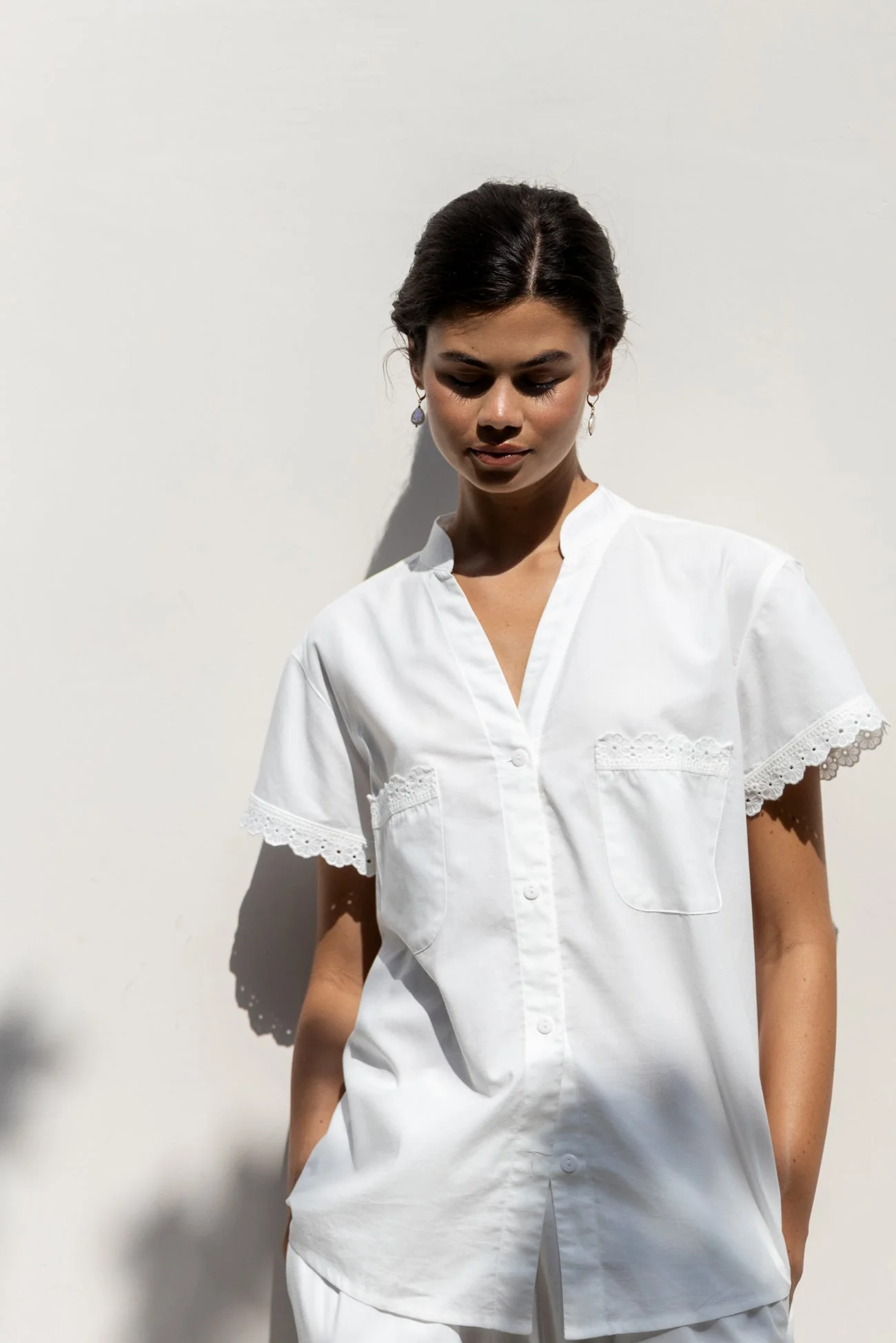 Maggie Pyjama Set - Bridal - Cotton Modal - Off White + Daisy Trim - Image 8