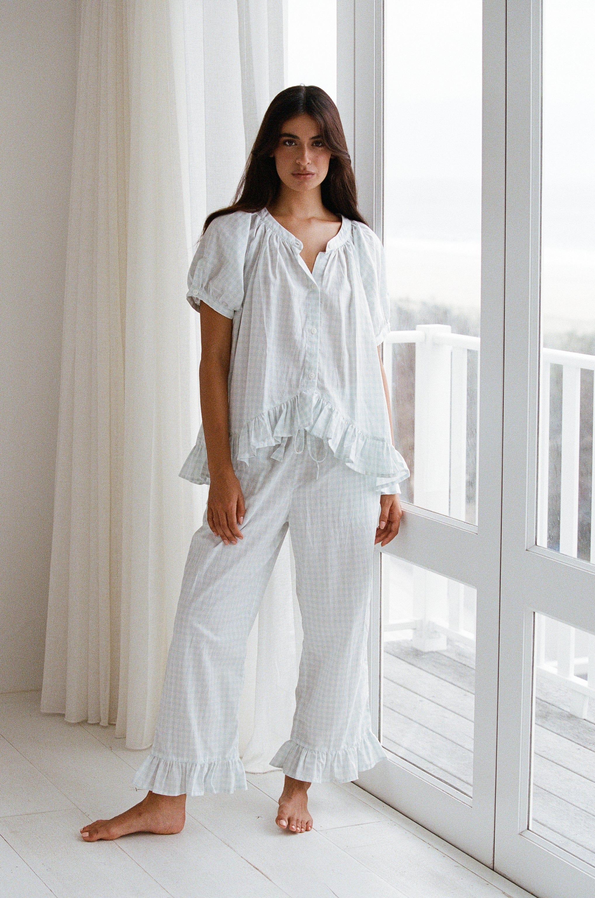 Sophie Sleep Set - Pants - Cotton - Gingham Pale Blue - Image 3