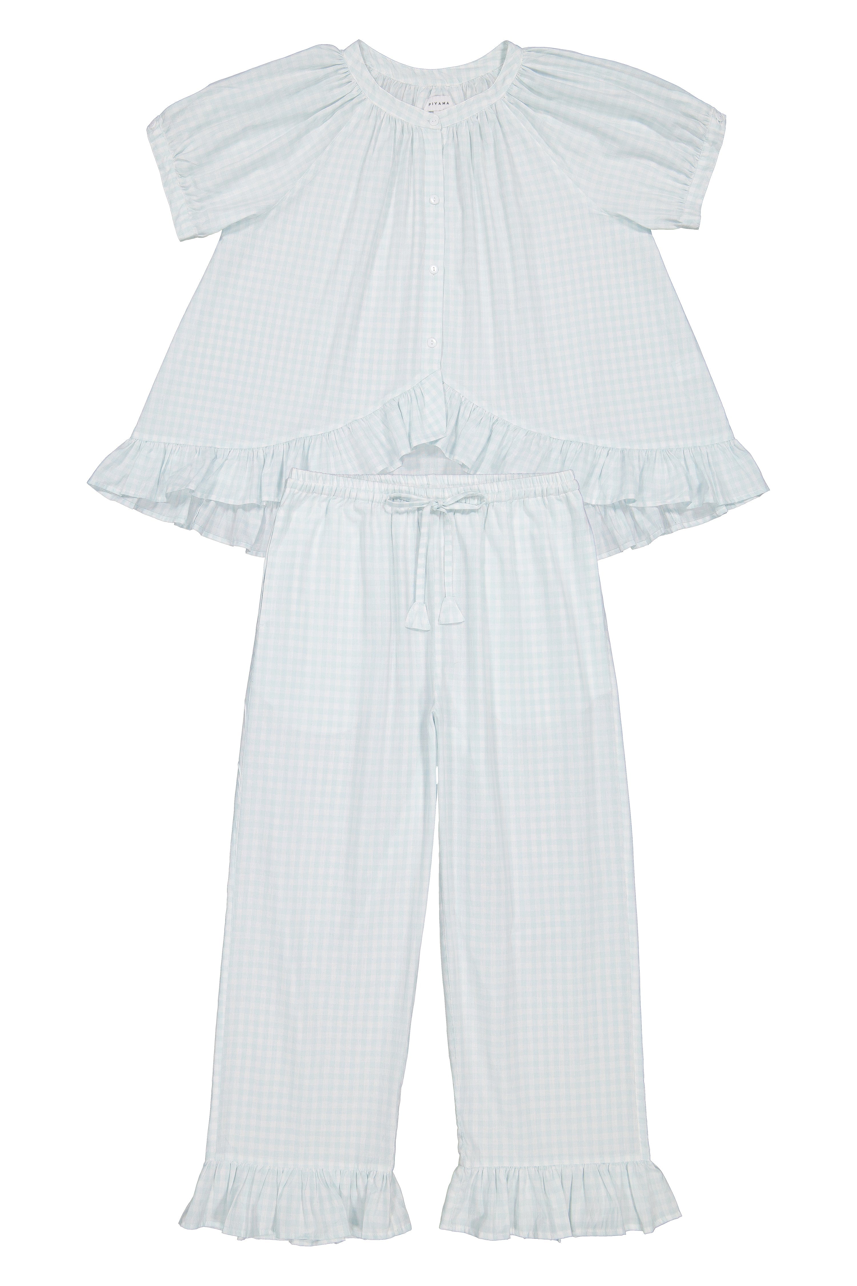 Sophie Sleep Set - Pants - Cotton - Gingham Pale Blue - Image 4