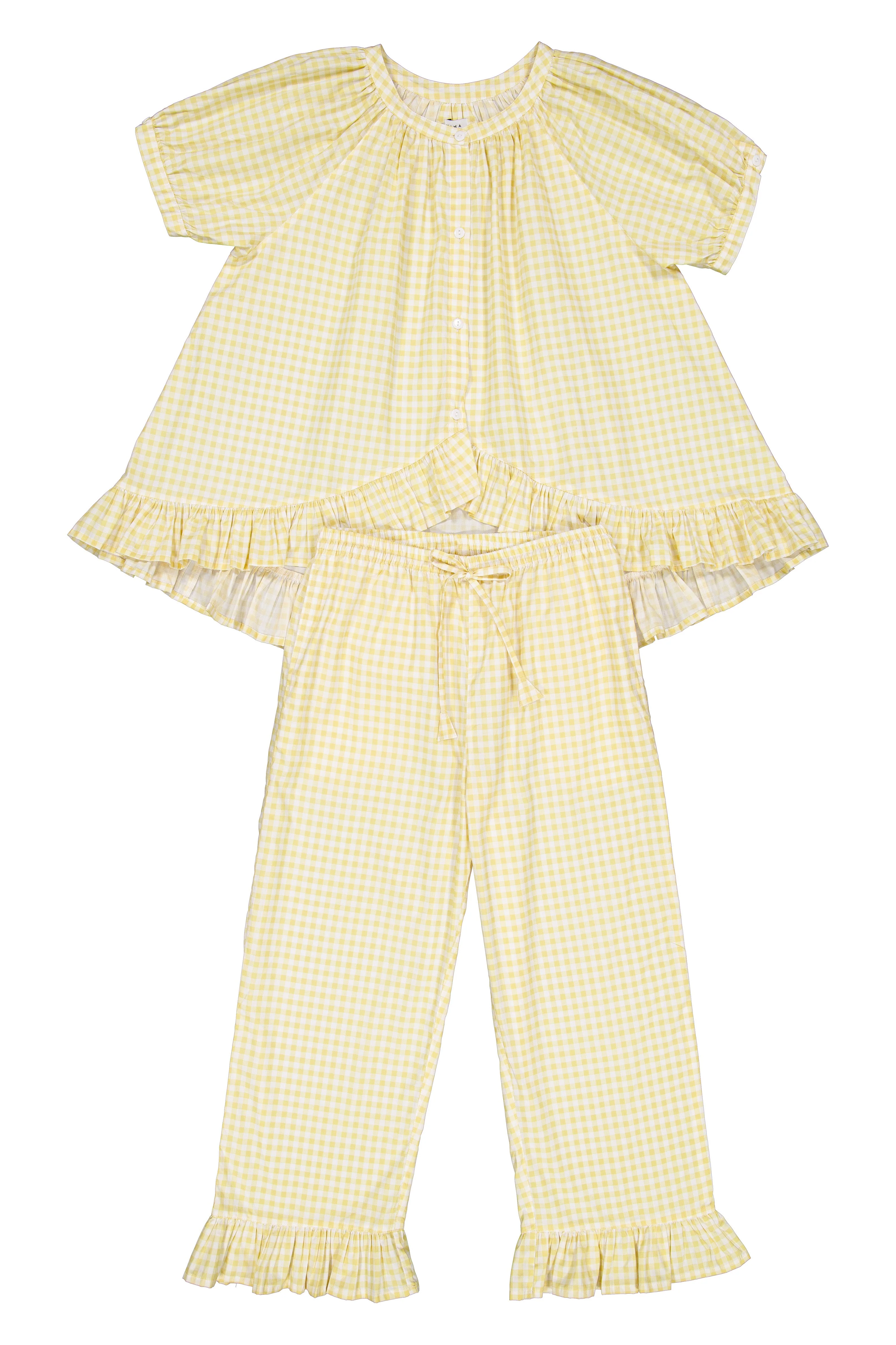 Sophie Sleep Set - Pants - Cotton - Gingham Yellow - Image 3