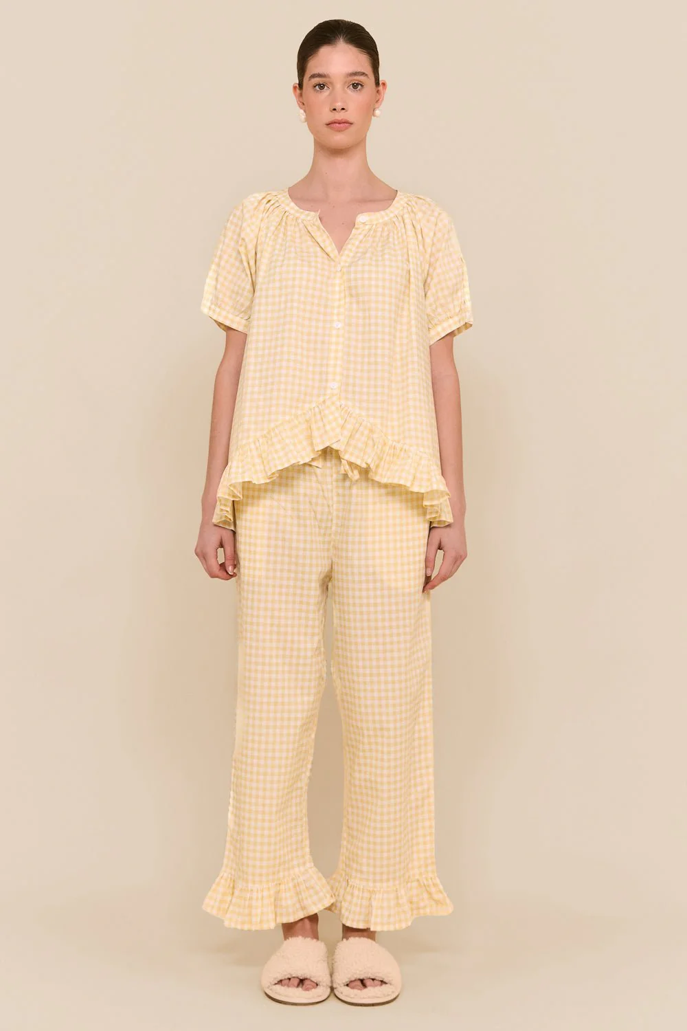 Sophie Sleep Set - Pants - Cotton - Gingham Yellow - Image 4
